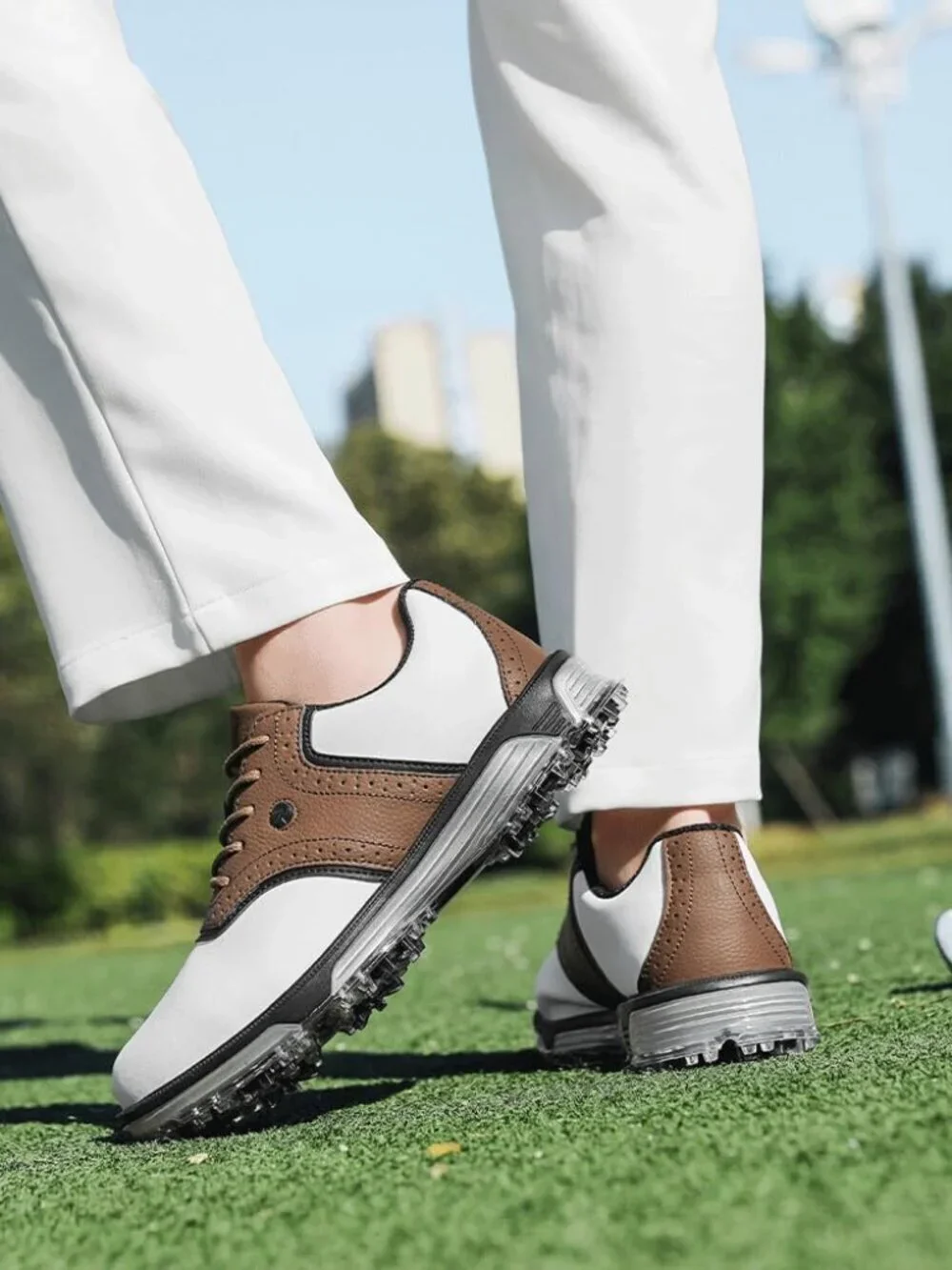 Men's Brown Golf Shoes Traditions Fixed Nail less Sole Waterproof Spineless